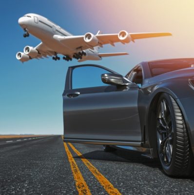 Full size bottom view young traveler businessman young man in black dinner suit going walk outside at international airport terminal with suitcase to car booking taxi Air flight business trip concept.